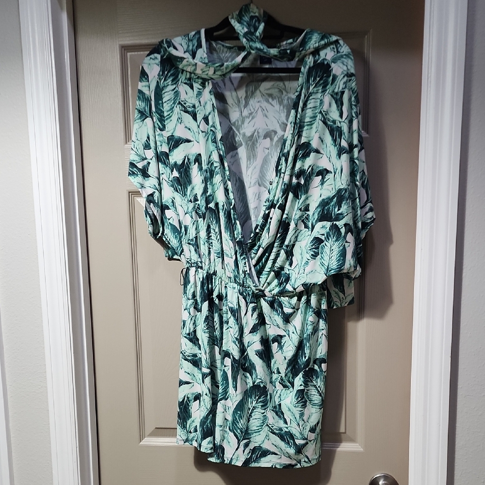 Kaari Blue Green Leaf Print Romper